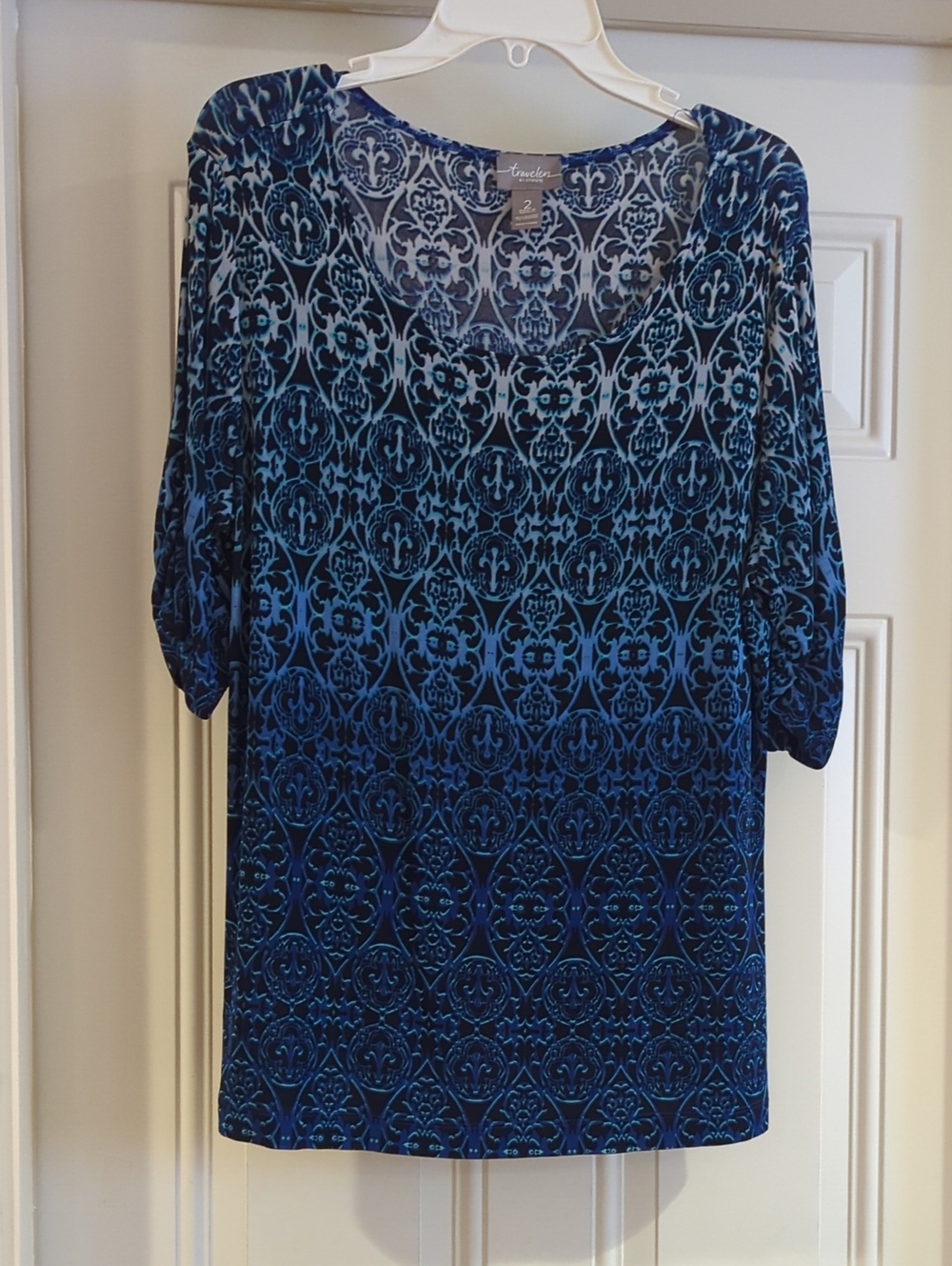 Chico's Blue Ombre Medallion Long Sleeve Scoop-Neck Dress
